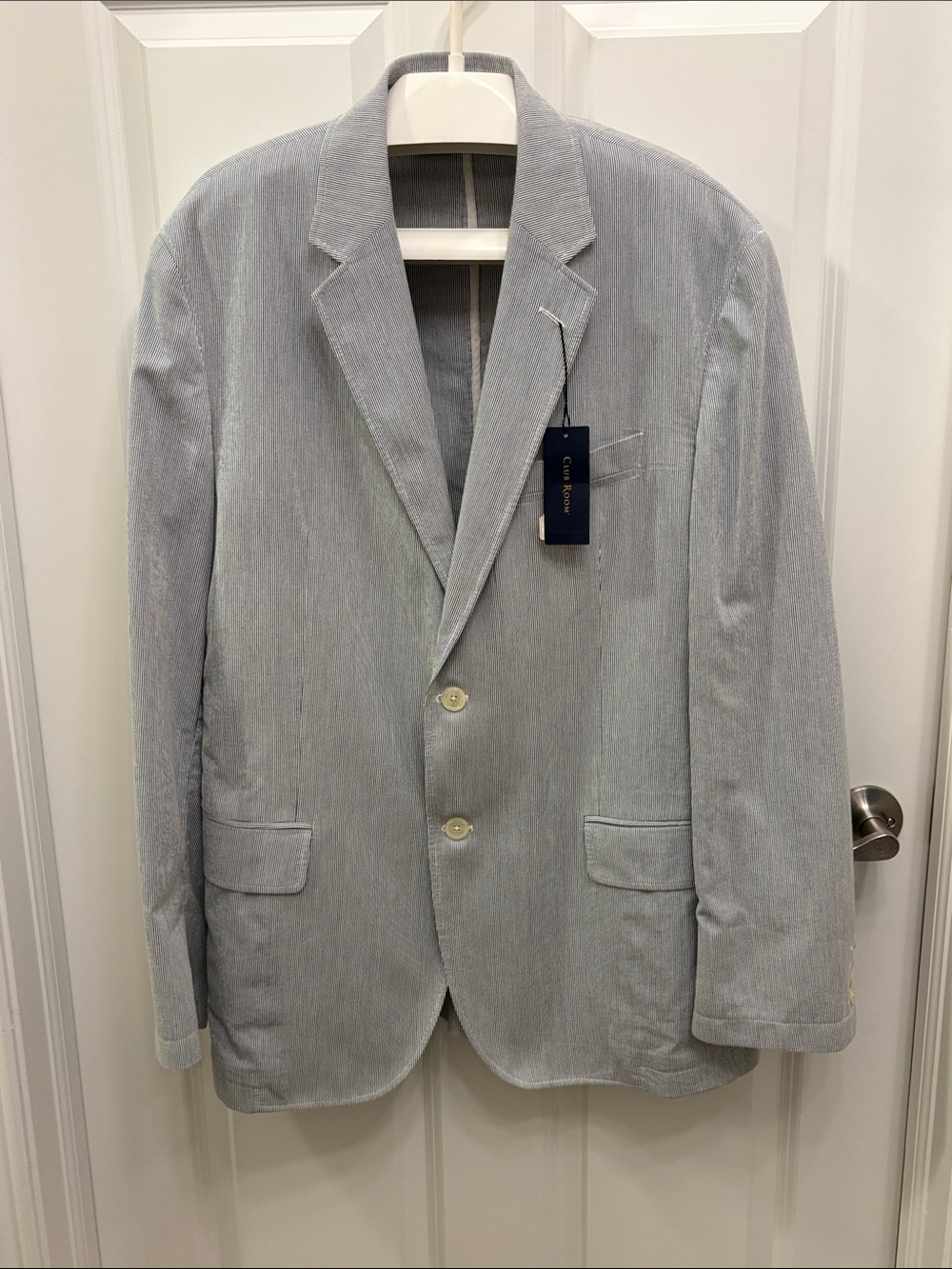 NWT Club Room Men’s Seersucker Two-Button Blazer Blue White Striped Large